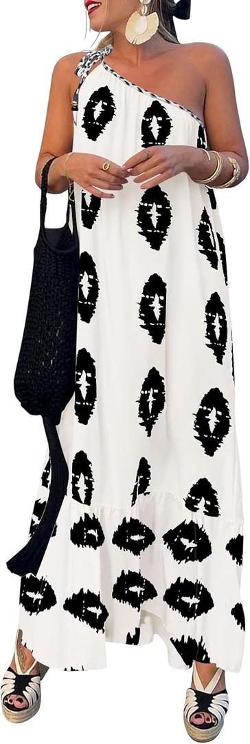 PRETTYGARDEN Women's 2026 Summer One Shoulder Maxi Dress Printed Flowy Boho Long Sundresses Spring Beach Vacation Clothes (S)