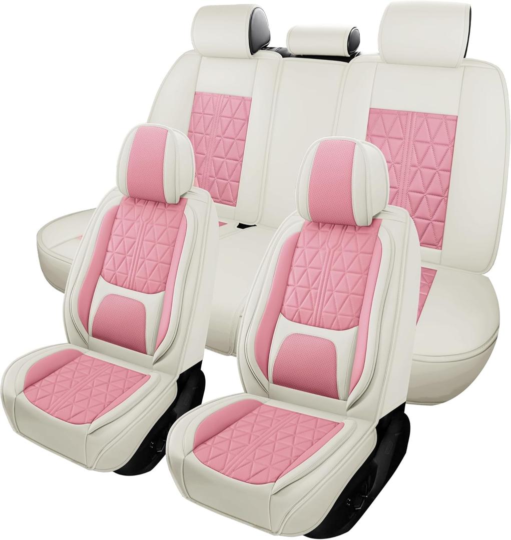 otoez Car Seat Covers Full Set, Nappa Leather Seat Covers for Cars with Lumbar Support, Breatheable Automotive Seat Cover Protector Universal Fit for Most Car Sedan SUV Truck, Pink & White