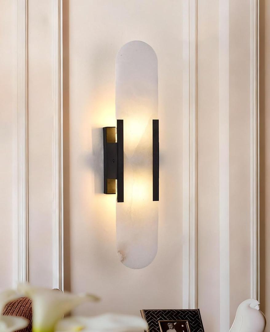 19.7" Alabaster Wall Sconce Natural Marble Sconce Indoor Mid Century Modern Wall Light Oval Stone Lampshade Vanity Light Fixtures for Living Room Bedroom Dining Room Hallway (Black)