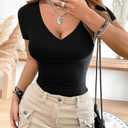 V Neck T Shirts for Women Short Sleeve Slim Fitted Tees Tight Summer Tops Black L