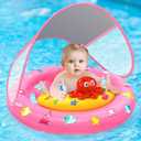 Baby Pool Float with Canopy, Inflatable Baby Swim Float with UPF50+ Sun Protection, Toddler Infant Pool Float with Toy Play Console Adjustable Safety Seat for Kids Girls Boys Aged 6-36 Months, Pink