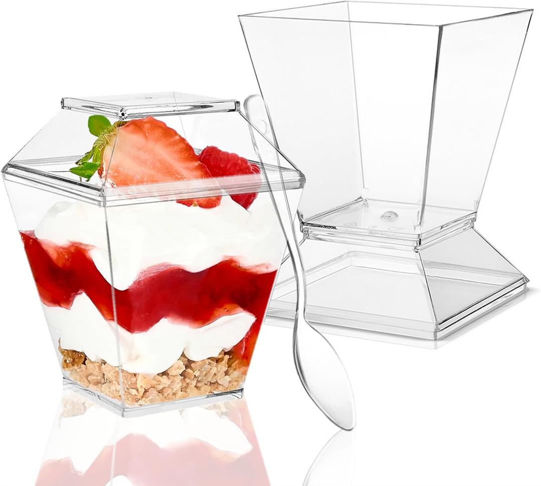 TOFLEN 50 Pack 3.5 oz Mini Dessert Cups with Lids for Party, Square Plastic Dessert Cups with Spoons for Yogurt, Parfait, Pudding, Jello and Appetizers, Dessert Shooters