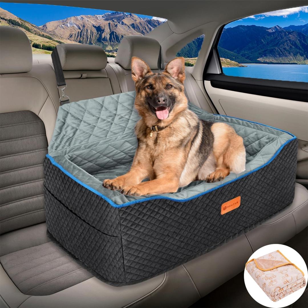 Dog Car Seat Large Size Dog, Washable Large Dog Car Seat, Detachable Memory Foam Pet Car Seat, Dog Booster Car Seat for Large Dogs 60 lbs, with 2 Dog Seat Belt and Dog Blankets (Black)
