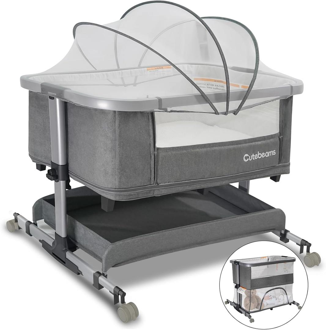 4-in-1 Baby Bassinet, Bedside Sleeper, Rocking Bassinet, Baby Playpen, with Mattress and Mosquito Net, Storage Basket, Rocking, 5-Height Adjustable