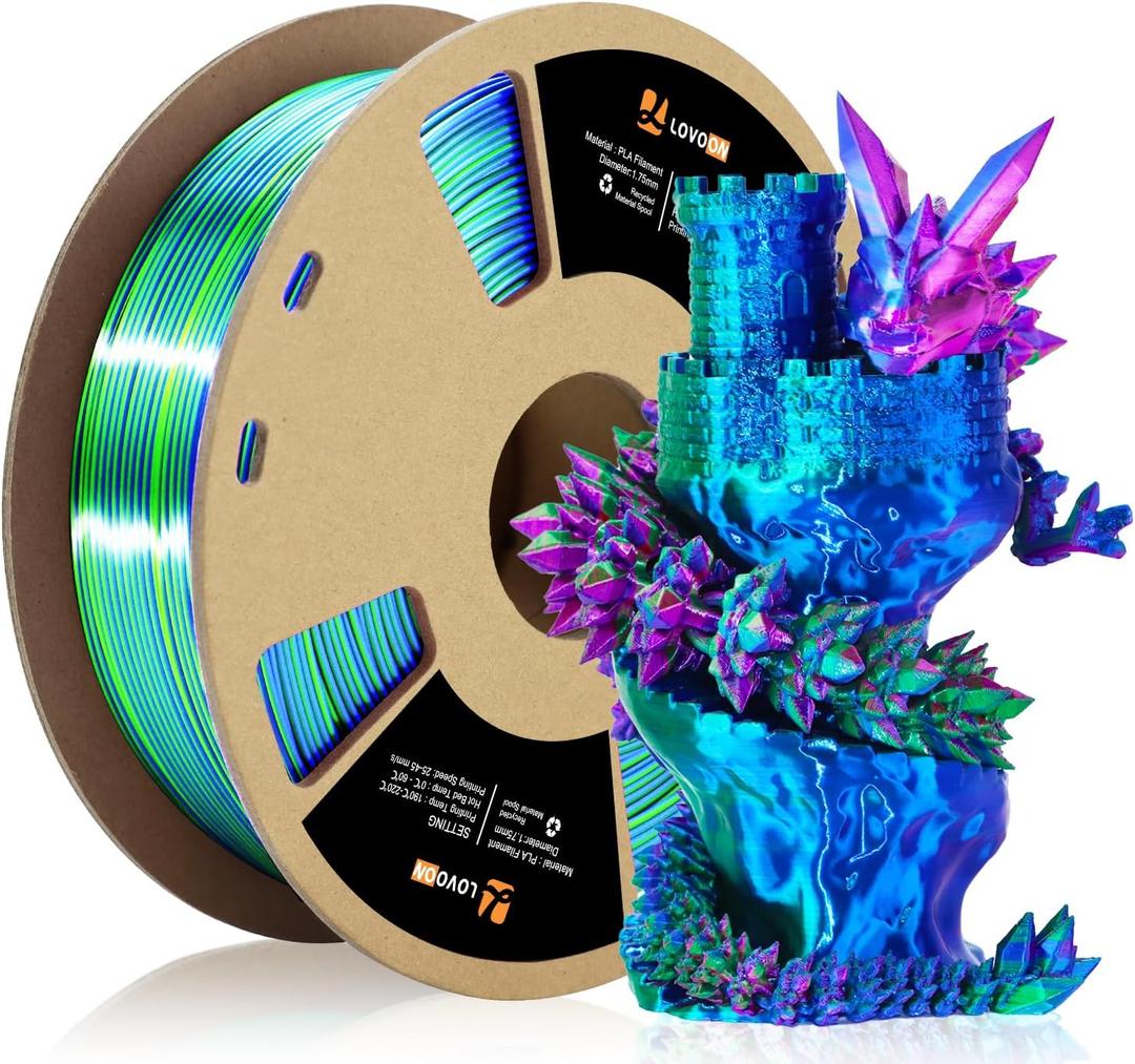 LOVOON 3D Printer Filament, Tricolor PLA Filament 1.75mm Silk Rainbow Filament Green-Red-Blue, 3D Printing Accessories PLA Filament Multicolor, Dimensional Accuracy +/-0.02mm, 2.2lbs/Spool (3colors Silk Blue/Green/Red)