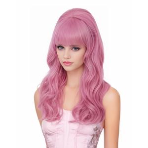 Rugelyss Long Wavy Pink Wig with Bang Big Bouffant Beehive Wigs for Women fits 80s Costume or Halloween Party