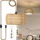 Boho Rattan Pendant Lights Farmhouse 12 Inch Plug in Chandelier Light Fixture Rustic Wicker Hand Woven Pendant Hanging Light with Cord for Dining Room Kitchen Bedroom Foyer Hallway