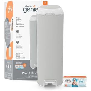 Diaper Genie Platinum Pail (Grey) is Made in Durable Stainless Steel and Includes 1 Easy Roll Refill with 18 Bags That can Last up to 5 Months.