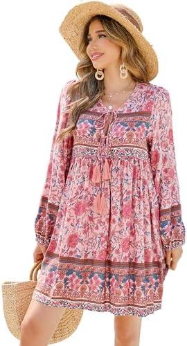 R.Vivimos Womens Long Sleeve Floral Casual Print Cotton Mini Tunic Dress XL