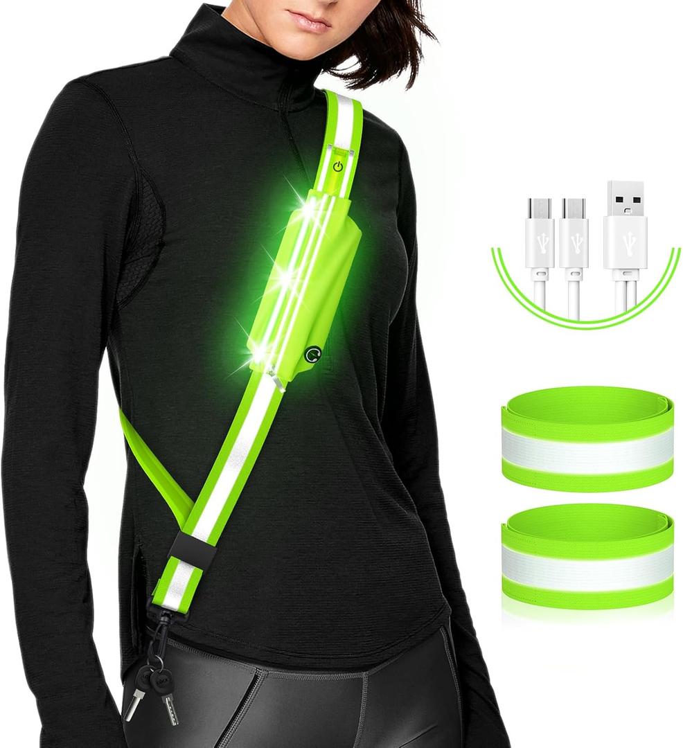 LED Belt Reflective Sash for Walking at Night,High Visibility Adjustable Night Running Safety Gear,Light Up Running Belt Reflective Gear with Phone Bag/Armband for Runners Walkers Men Women (Green)