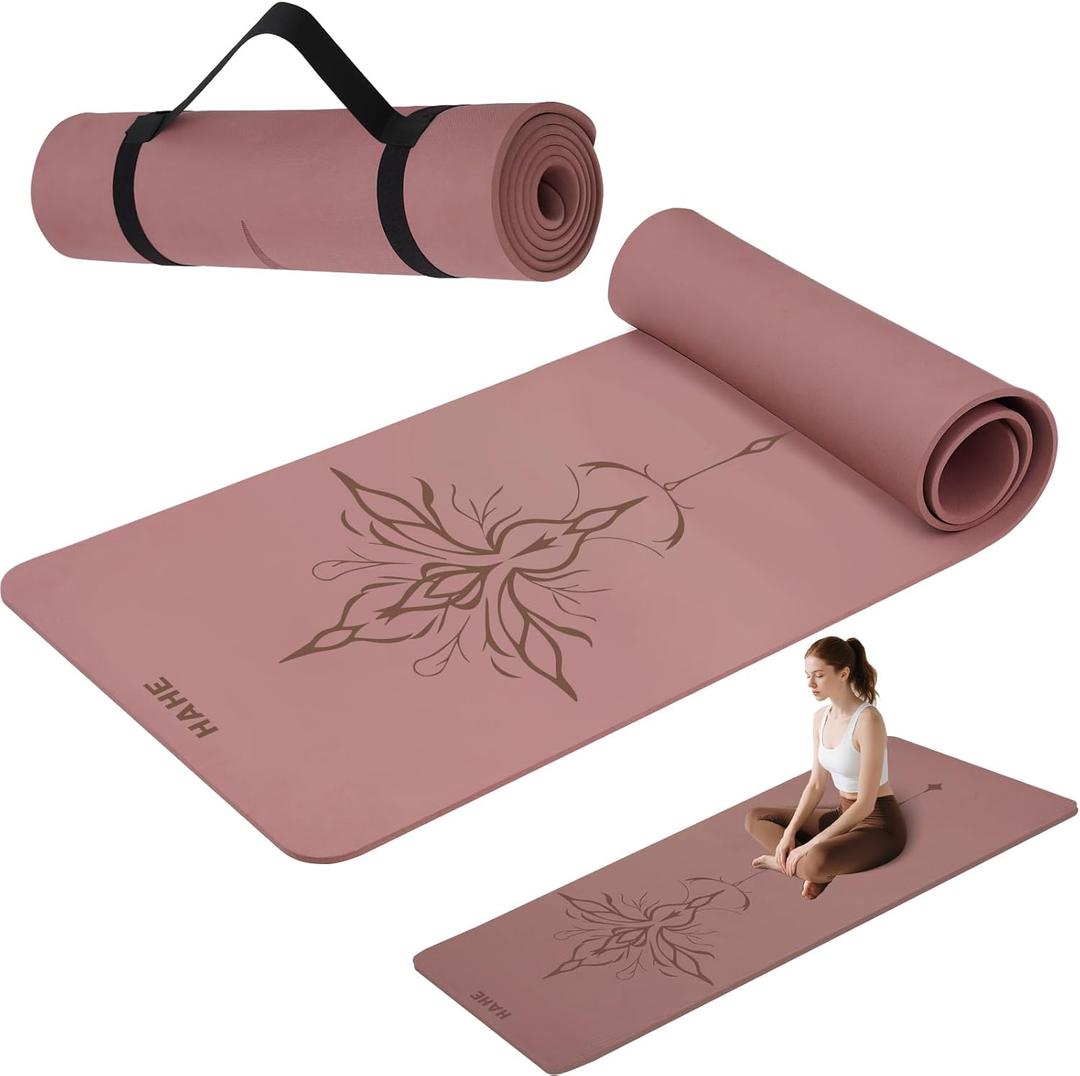 HAHE Yoga Mat Thick (8MM,1/3"), Eco-Friendly POE Non Slip Yoga Mat, High Rebound & Shock Absorption, Anti-Tear & Sweat-Resistant for Yoga, Fitness, Home, Workouts, Large Pilates Mats 72"x24" with Carrying Strap (Dark Pink)