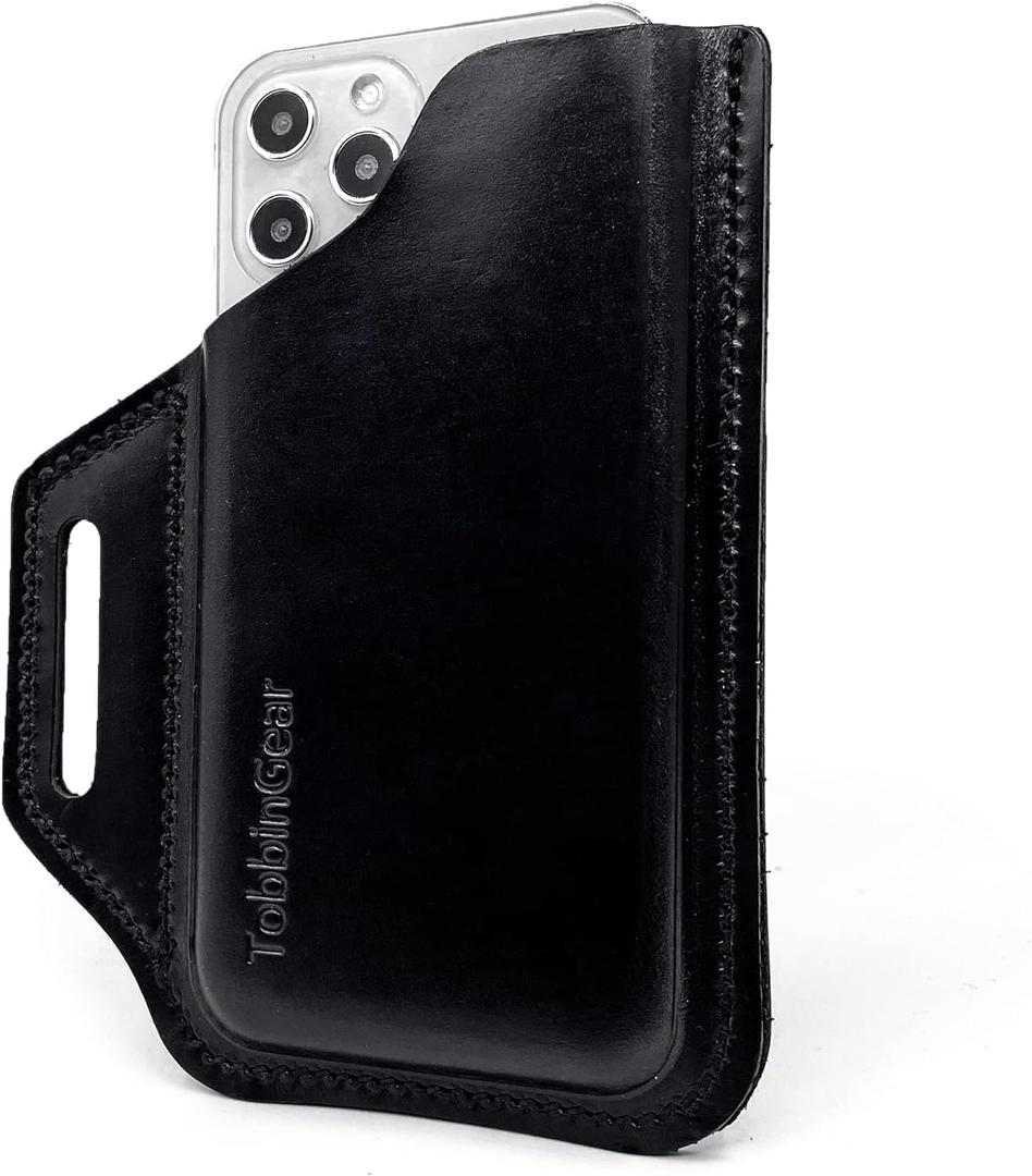 TobbinGear Leather Belt Phone Pouch, Leather Cell Phone Holster, Universal Phone Case with Belt Loops, for Men and Women Large Black