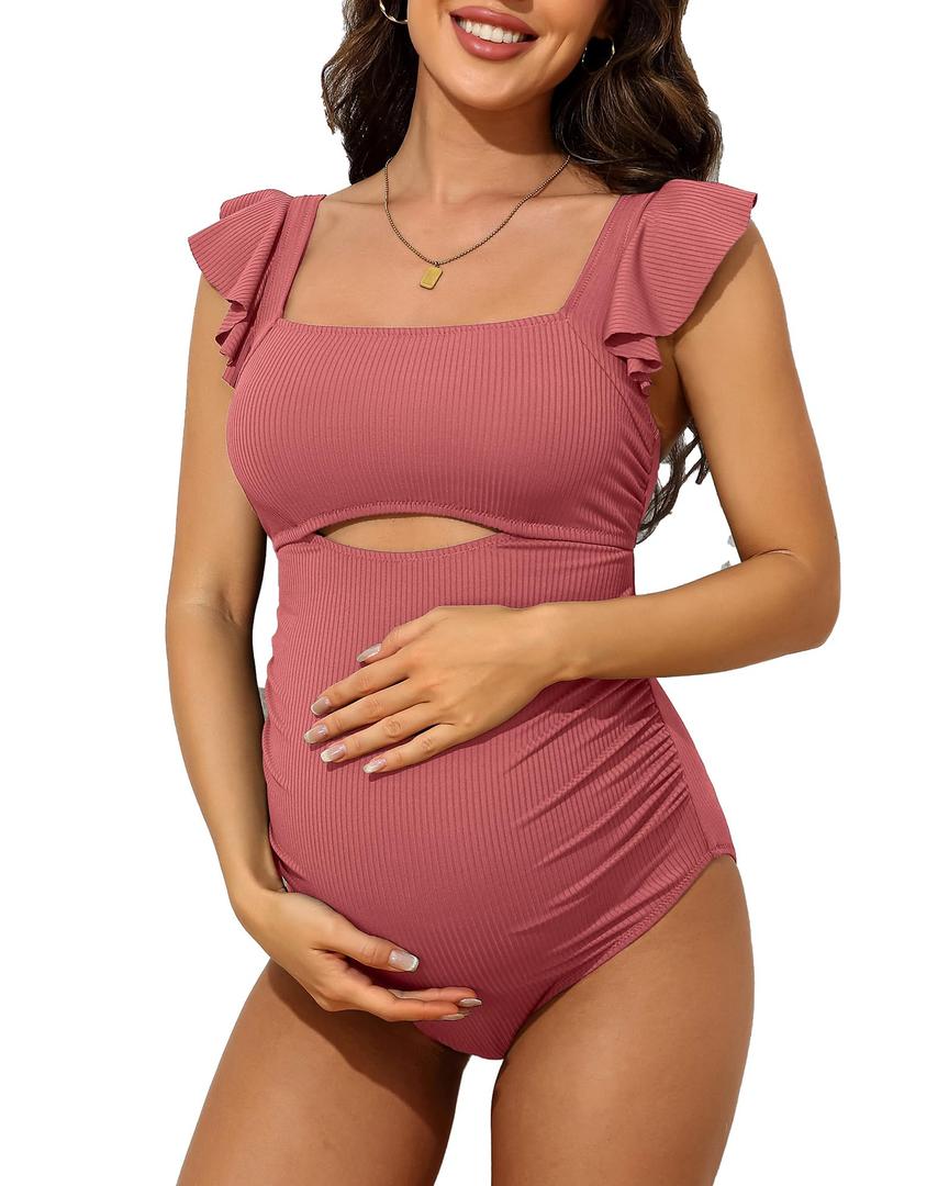 Charmo Ruffle Maternity Bathing Suits for Women Ribbed Tie Knot Maternity Swimsuit Cutout Ruched Pregnancy Swimwear, M