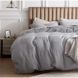 Bedsure Cotton Duvet Cover King - 100% Cotton Waffle Weave Grey Duvet Cover King Size, GentleSoft and Breathable Bedding Set for All Season, 3 Pieces, 104"x90"