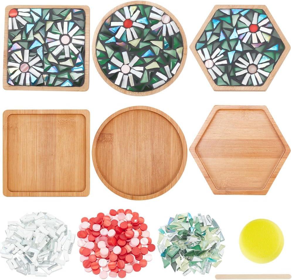 WEBEEDY 3 Styles DIY Mosaic Craft Kit Easy to Make DIY Flower Mosaic Bamboo Coasters Kits for Adults Beginner, Glass Mosaic Tiles with Blank Base Tray for Handmade Art Home Decor (NO Caulk/Glue)