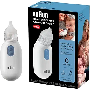 Braun Electric Nasal Aspirator  Mucus Remover, Blocked Nose Relief for Newborn, Baby and Toddler, Electric Suction Power, 2 Suction Levels, 2 Nose Tip Sizes, Dishwasher Safe, FSA and HSA Eligible