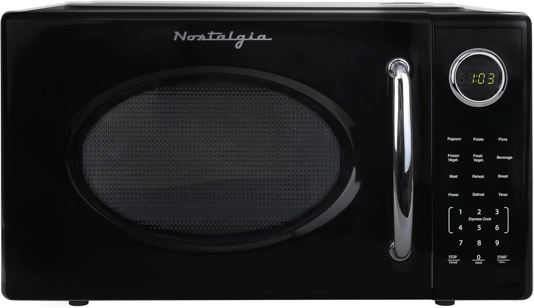 Nostalgia Retro 1000W Microwave Oven 1.1 Cu Ft Capacity Child Safety Lock, 8 Auto-Cook Settings Countertop Kitchen Appliance Black