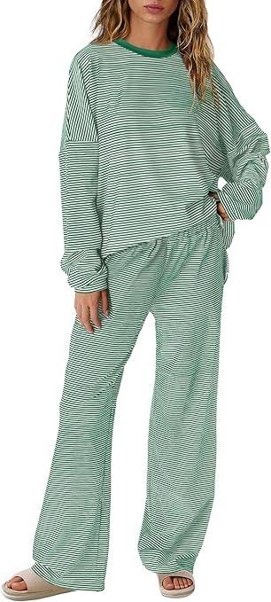 Yanekop Womens Striped Lounge Set Long Sleeve Matching Sets Oversized Pajama Sets Striped Shirt Wide Leg Pants,L