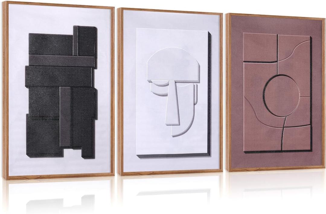 Aurlan Neutral Abstract Polygon Framed Wall Art(16"x24"), 3 PCS Minimalist Black Beige Brown 3D Textured Canvas Artwork, Large Modern Geometric Illustration Art Wall Decor for Office Living Room