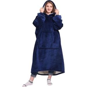 Waitu Oversized Wearable Blanket Sweatshirt Gifts for Women and Men, Soft Sherpa Blanket Hoodie with Sleeves and Pocket, Warm Body Blanket Robe - Navy (Adult)