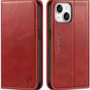 SHIELDON Wallet Case for iPhone 14 5G 2022, Genuine Leather Folio Case Magnetic Closure RFID Blocking Card Slots Kickstand Full Protection Cover Compatible with iPhone 14 (6.1 inch) - Retro Red