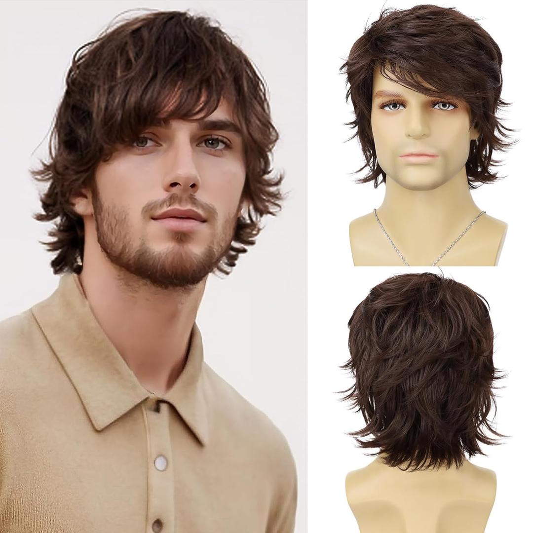 Mens Brown Wig Short Layered Natural Wavy Heat Resistant Synthetic Hair Wigs Male Guy Daily Party Halloween Costume Cosplay Wigs (Dark Brown)