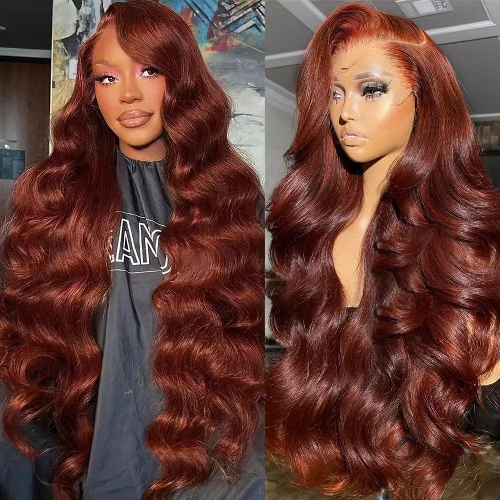 Arqyu Lace Front Wigs Human Hair 200% Density HD Lace Front Wigs Synthetic Hair Pre Plucked Natural Color Glueless Wig (reddish brown wig, 30 INCH)