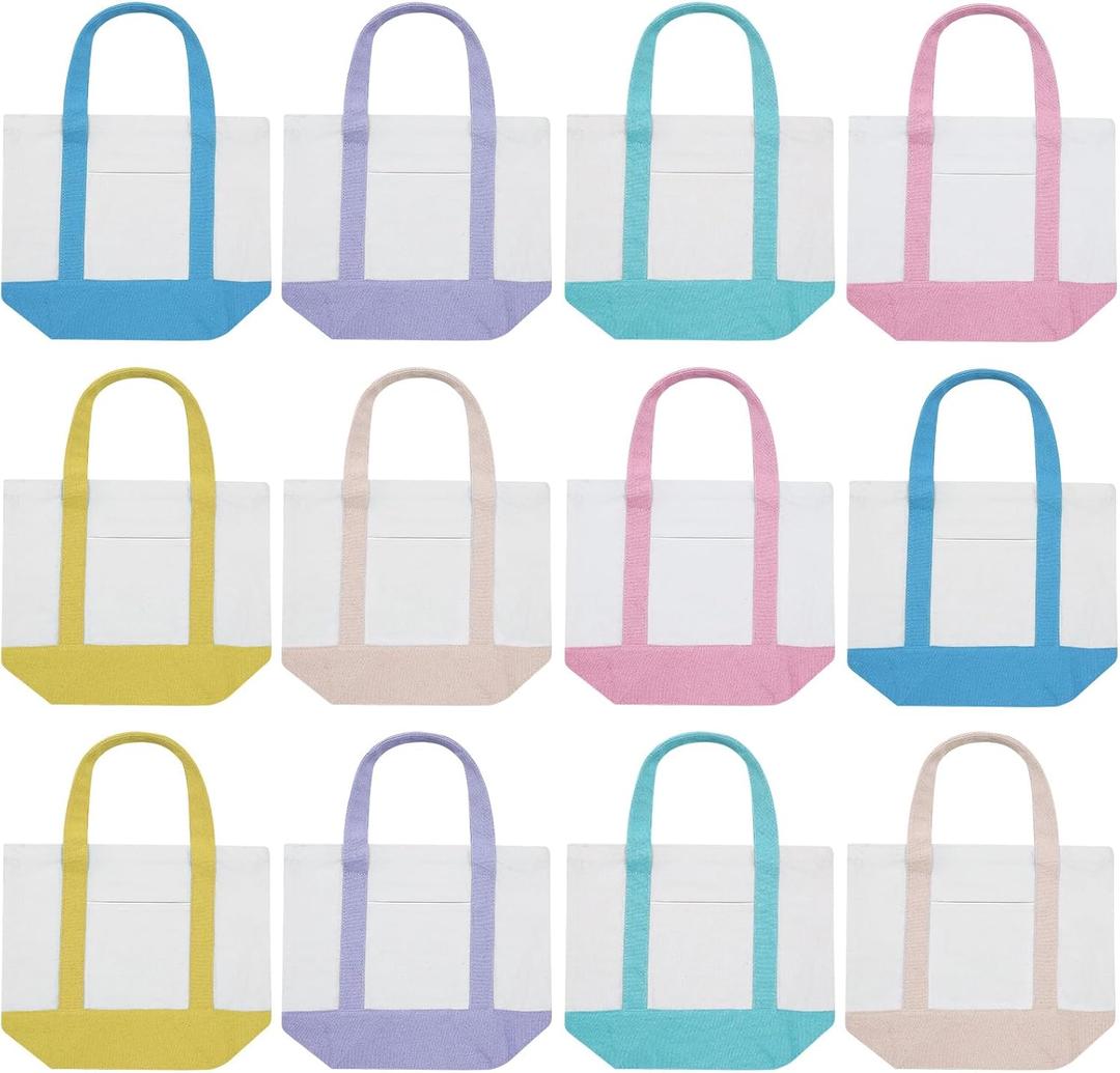 Eccliy 6 Pcs Mini Canvas Tote Bags 13" x 11" x 6" Small Tote Shopping Bag Bulk with Pocket Handle Blank Heavy Duty Reusable Canvas (13" X 11" X 6",Pastel Color)