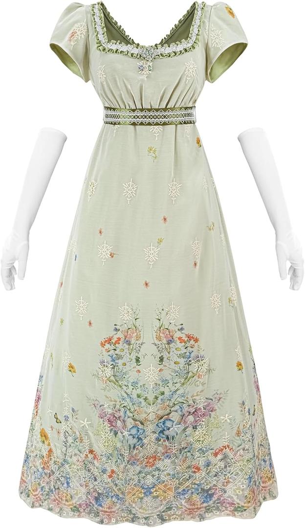 Nuoqi Regency Dresses for Women Green Victorian Ball Gown 1800s Tea Party Costume with Gloves Small