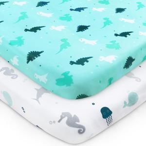 Pack and Play Sheets Fitted, Mini Crib Sheets 2 Pack, Playard Sheets Compatible with Graco Pack n Play, Ultra Soft Breathable Material, Dinosaurs (Aqua)