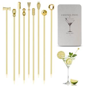 Metal Cocktail Martini Picks Gold, 4.1 in Olive Skewers Stainless Steel, Martini Garnish Sticks Reusable, Metal Toothpicks for Drinks, Appetizers, Cheese, Gift for Mother Bar Accessories - 9 Pcs