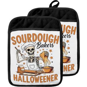 Halloween Skeleton Baker Pot Holders with Pockets, Gifts for Sourdough Bakers, Funny Halloween Skull Oven Pot Holders Heat Resistant Oven Mitts Hot Pads for Kitchen Baking Cooking