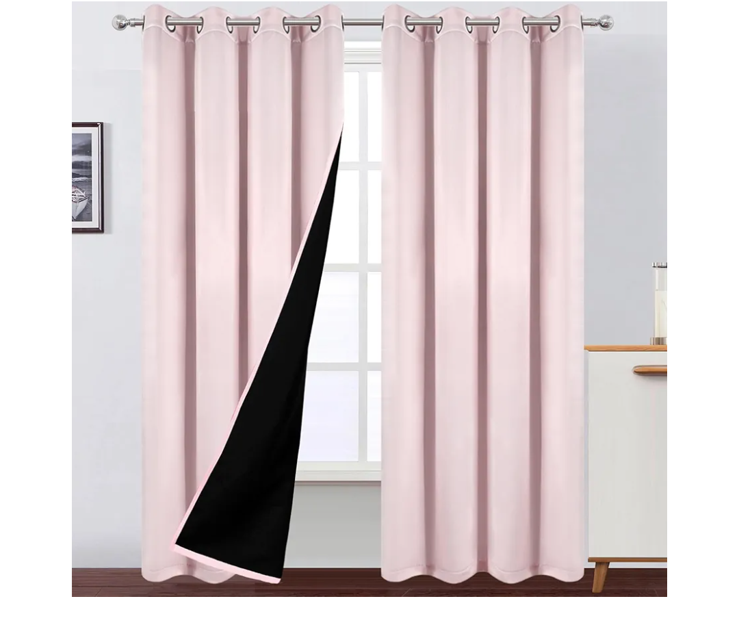 LEMOMO 100% Blackout Curtains 52 x 84 Inches Long Thermal Insulated Baby Pink Curtains with Black Liner Set of 2 Panels for Nursery Room