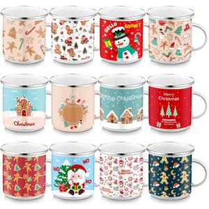Sliner 12 Pcs Christmas Enamel Mugs, 12 oz Coffee Mugs Bulk Hot Chocolate Mug Set Cute Enamel Tea Cups Winter Holiday Christmas Employee Gift for Family Coworkers (Gingerbread Carnival)