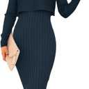 Ezbelle Women's Long Sleeve Sweater Dresses 2 Piece Outfits Sets Ribbed Knit Crop Tops and Tank Bodycon Midi Dress (Large, Navy Blue)