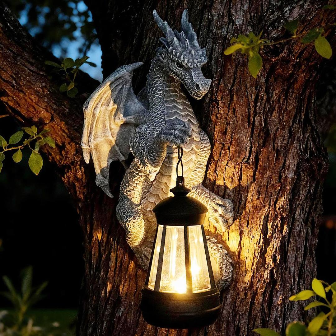 Garden Statues Tree Hugger Dragon - Halloween Dragon Statue Solar Lights Outdoor Patio Wall Decor,Christmas& Mothers Day&Birthday Gifts for Grandma Mom Women,Ideas Arts Crafts Waterproof Resin Lantern