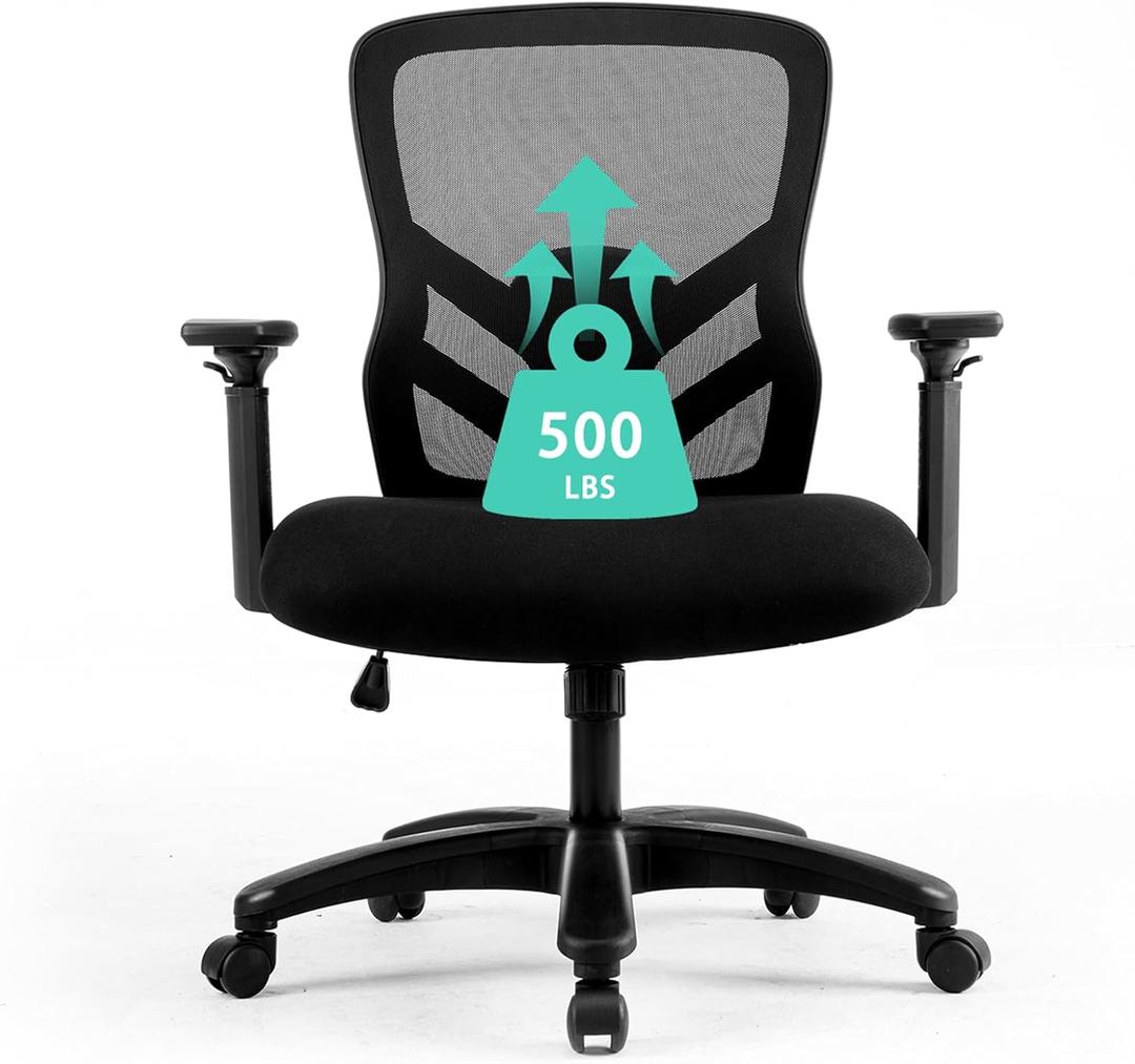 YFO Big and Tall Office Chair 500LBS - Computer Desk Chair with Adjustable Lumbar Support, Heavy Duty Ergonomic Mesh with 360 Rotation 4D Arm and Extra Wide Comfty Seat, Quiet Wheels for Adults, Black 