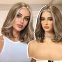 Ash Brown Human Hair Wigs,13X5X1 Glueless Grey Brown Highlight Bob Layered Lace Front Wig for White Women,Fiber & Remy Human Hair Blend for Daily Use 10IN