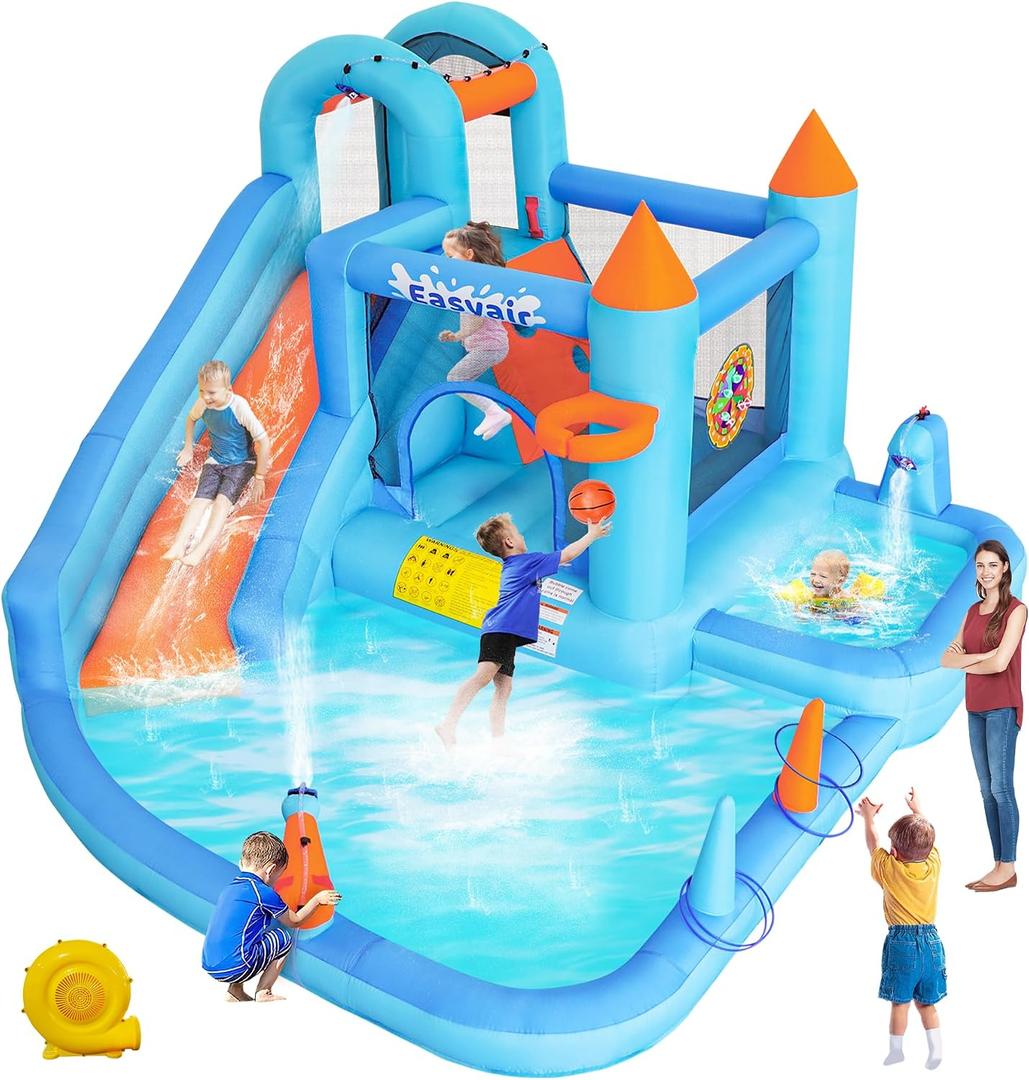 Inflatable Bounce House Water Slide for Kids, 138 x 121 x 82 Inch Bouncy Castle with Deep Pool, Rings, Climbing Wall, Splash Pool, Target Balls, Basketball Hoop, Blower Included