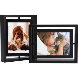 EXYGLO 2 Pack 5x7 Rustic Rotating Floating Picture Frames, Photo Frames for Vertical or Horizontal Tabletop Display, Black