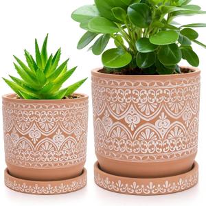 Set of 2 Terracotta Plant Pots 4 Inch 6 Inch, Small Medium Clay Planter Pot, Ceramic Cactus Flower Succulent Pot with Drainage Hole and Saucer for Indoor Outdoor Plants