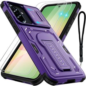 for Samsung Galaxy A36 5G/A56 5G Case with 2 Pack Screen Protector, Upgrade Slide Camera Cover & Kickstand, Lanyard Strap, Military Grade Shockproof Heavy Duty Robust Bumper Phone Case, Purple