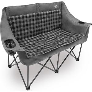 Double Camping Chairs Folding Chair Camping Loveseat Oversized 2 Person Camp Chairs for Adults Camping Couch Two Person Lawn Chairs Outdoor Sport Chair (Gray Plaid)