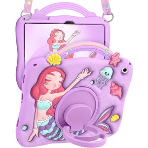 Boaretiu for Galaxy Tab A9 Plus Case - Cute Cartoon Mermaids Soft 3D Silicone for Samsung A9 Plus Tablet Case with Strap & Rotating Stand Girls Teens Tab A9+ 11 Inch Tablet Cover (Purple)