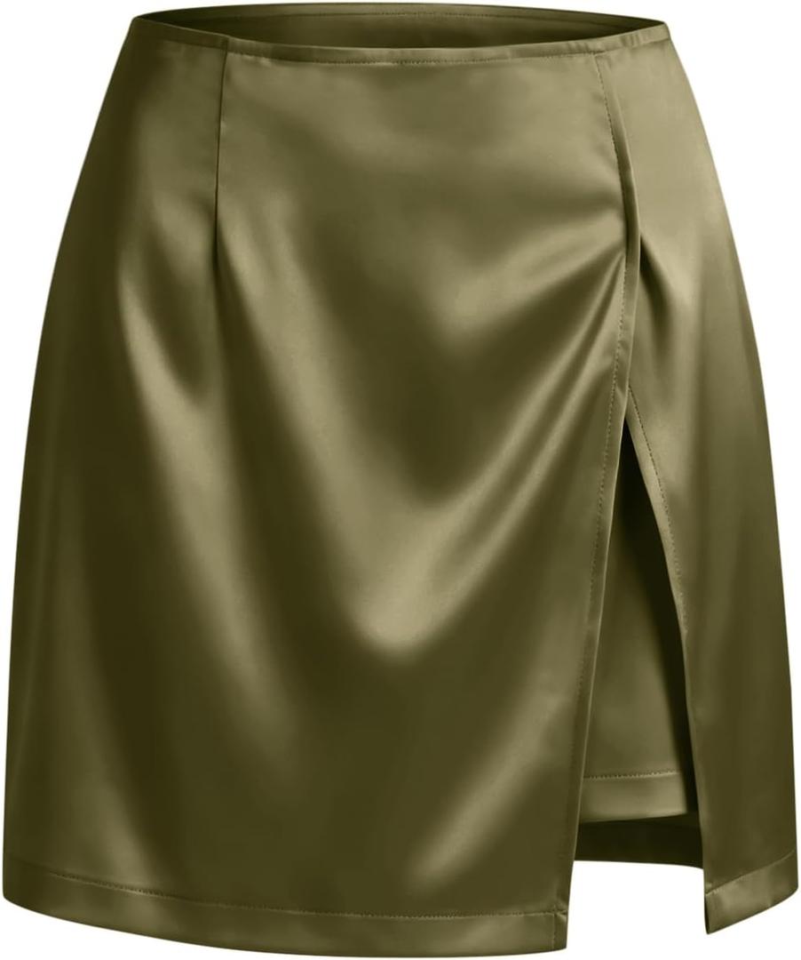 Cicy Bell Womens Satin Mini Skirt Casual High Waisted Side Slit A-line Work Skirts with Shorts (Green, L)