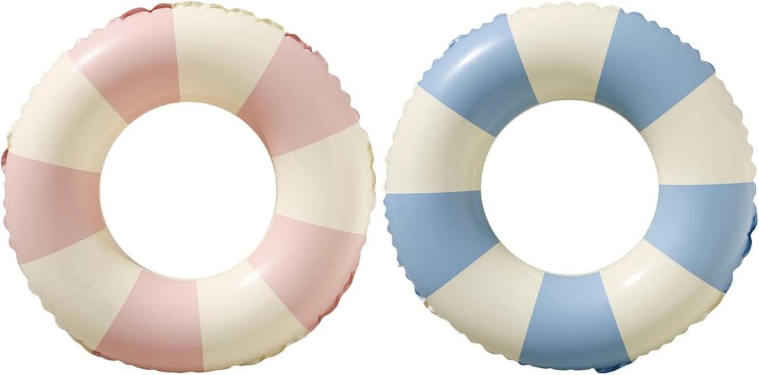 Swimming Pool Floats for Kids Ages 5-10, Inflatable Tubes With Simple Stripes, Cute Swim Rings, Floaties Water Toys for Beach Party (Stripe-Blue+Pink)