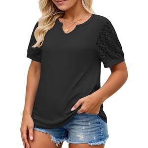 VISILILY Plus-Size-Womens-Summer-Tops 2025 Trendy Notch V Neck T Shirts Cute Lace Short Sleeve Tunics Casual Blouses XL-5XL (Black)