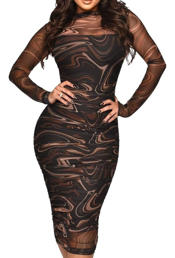 MOEENCN Sexy Long Sleeve Midi Dress for Women Sheer Mesh Printed 2 Piece Skirt Set Crew Neck Bodycon Party Clubwear Dresses XL