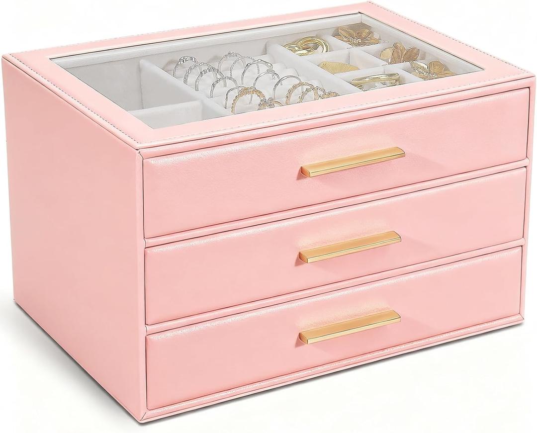 GUOER Jewelry Box for Women, Glass Lid Jewelry Organizer with 3 Drawers PU Jewelry Storage Case for Necklaces Rings Earrings Bracelets (Pink)