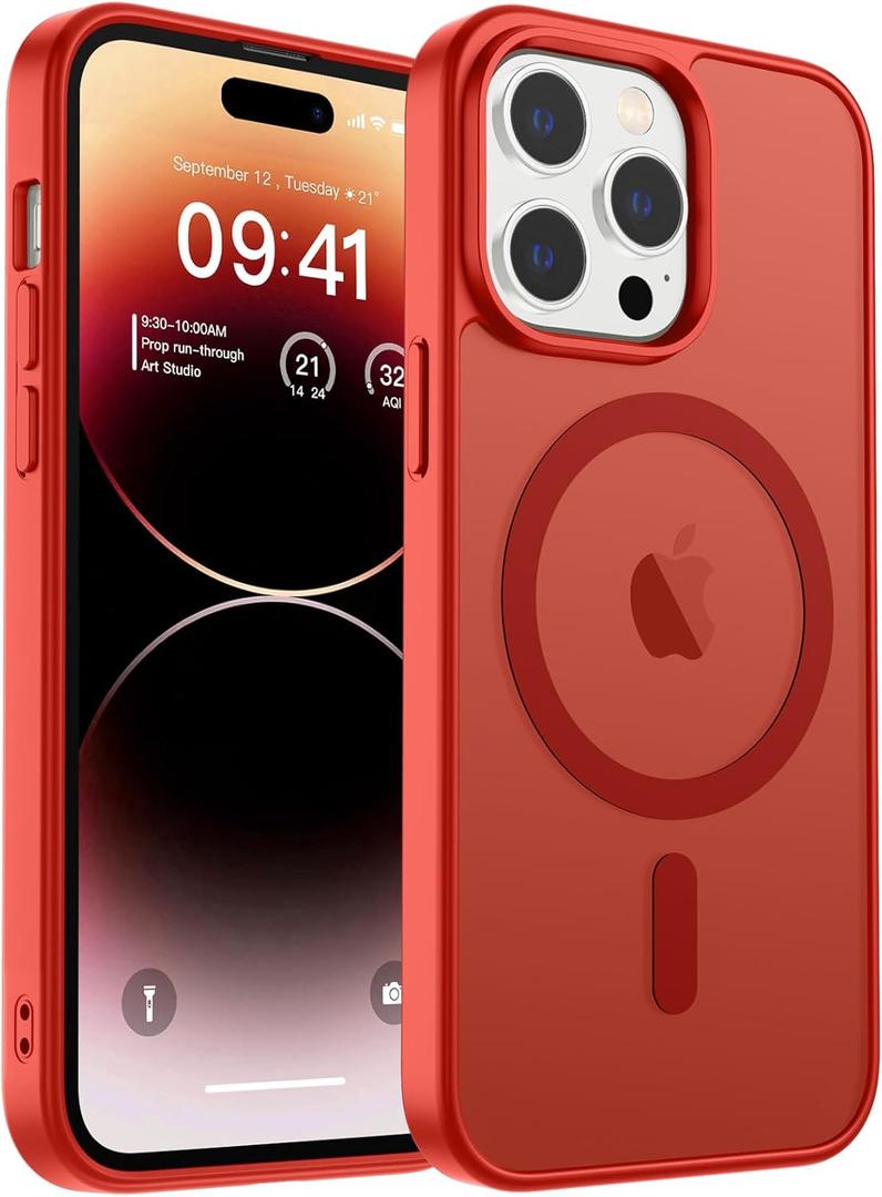Magnetic for iPhone 14 Pro Case, [Compatible with MagSafe] [Military Grade Drop Protection] Translucent Matte Shockproof Anti-Scratch Phone Cover, Red